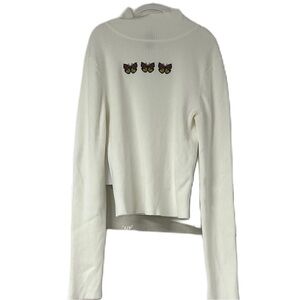 H&M divided woman’s white ribbed y2k 90s mock neck fitted butterfly sz med